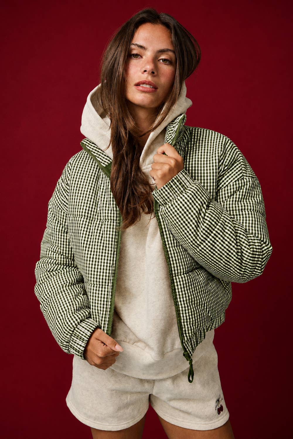 Gingham Zip Up Puffer Jacket