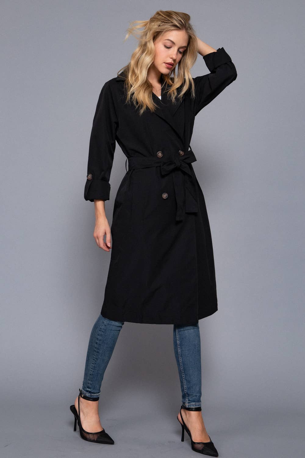 Long Sleeve V-Neck Lapel Collar Trench Coat with Belt