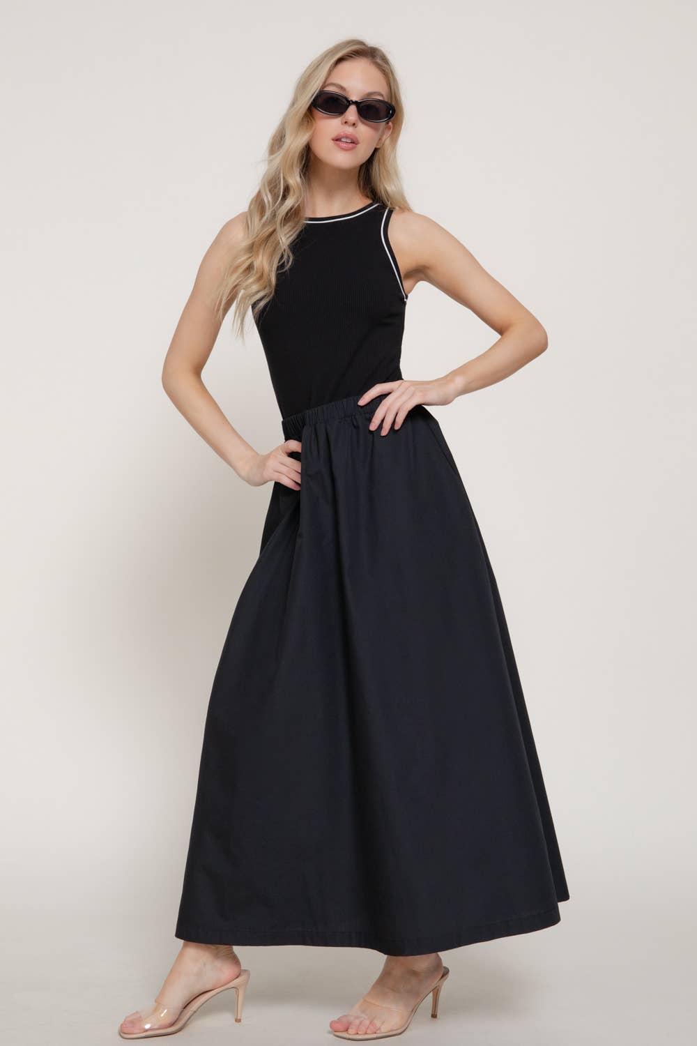 Sleeveless Piping Knit Top Contrast Woven Long Dress