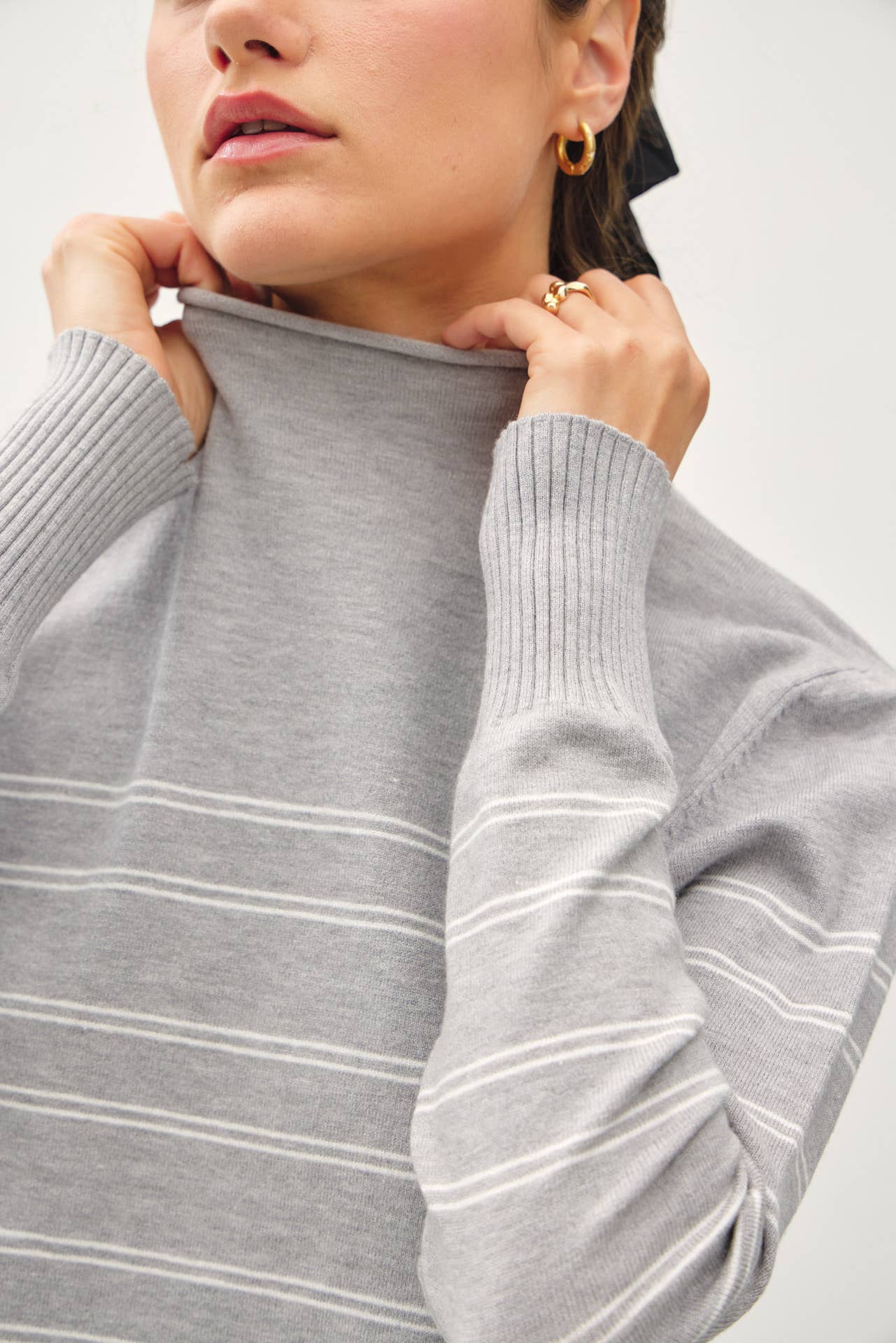 Thin Double Striped Mock Neck Sweater