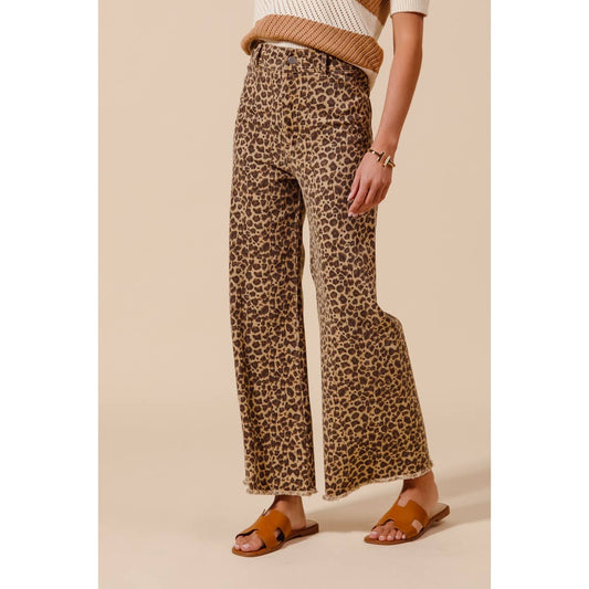 Mid Rise Leopard Twill Denim Wide Leg Pants