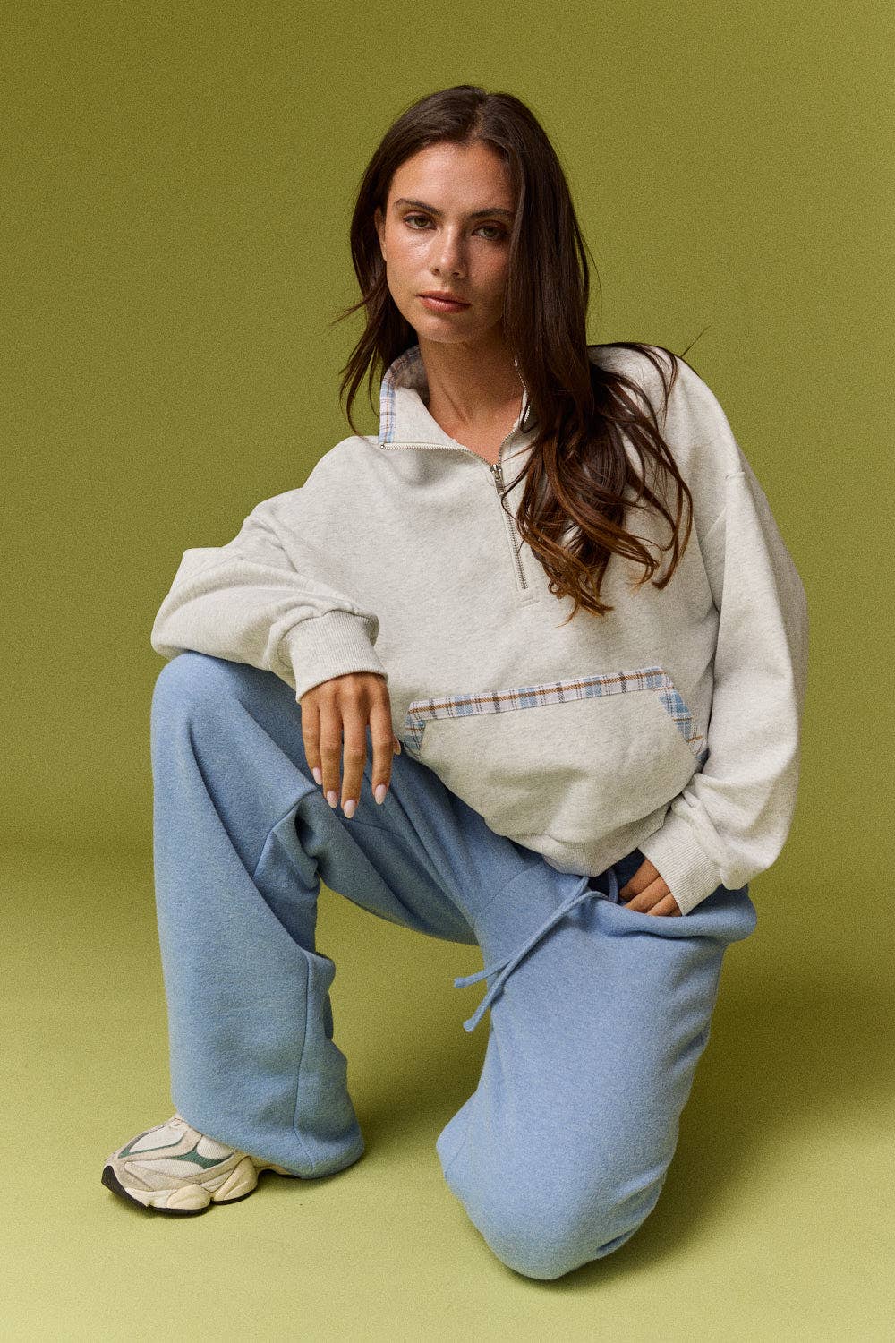 Caroline Plaid Trim Quarter Zip Pullover