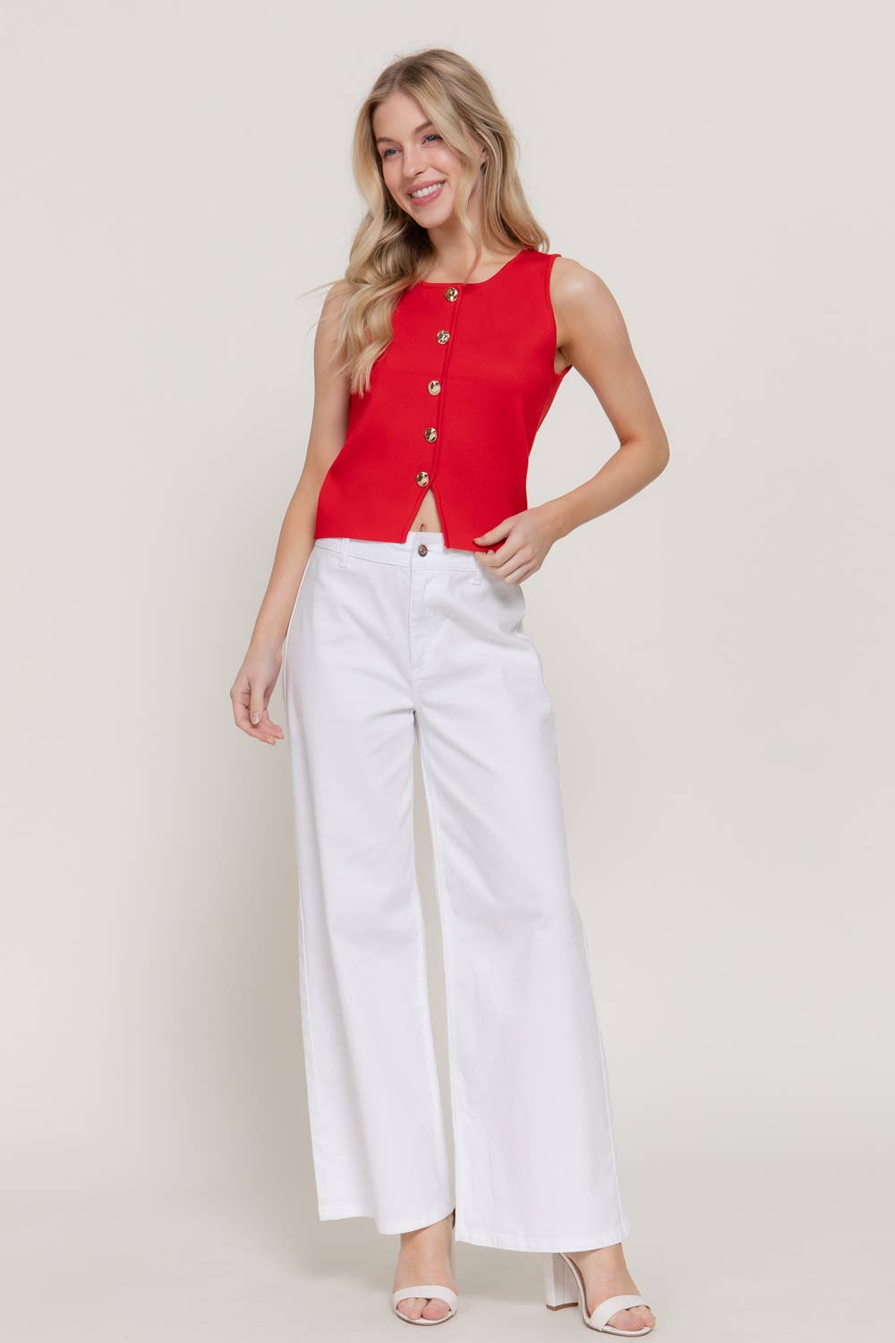 Sleeveless Crew Neck Button Down Sweater Top