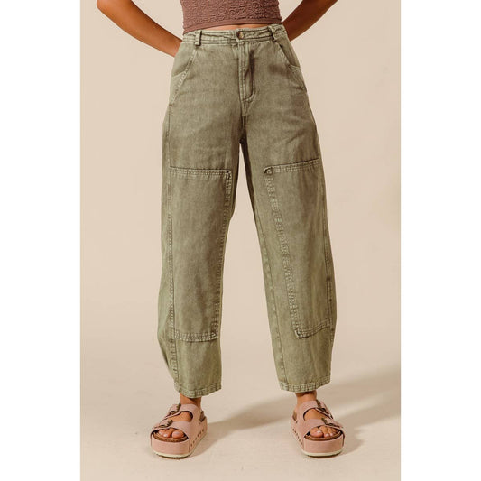 Mineral Washed Mid Rise Barrel Shape Pants
