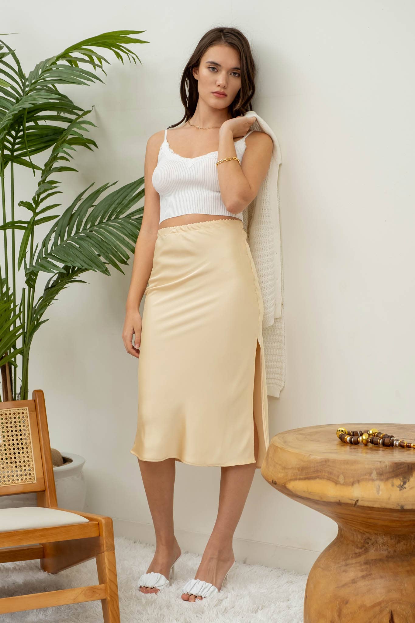 Satin Side Slit Midi Skirt