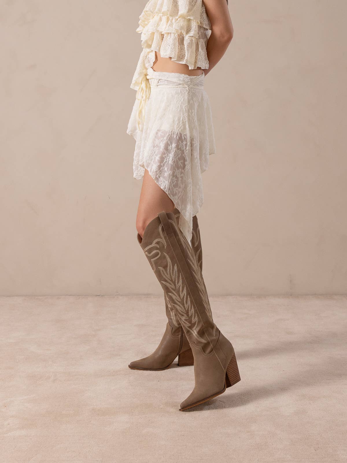 The Bronco | Dark Taupe Knee High Embroidered Cowboy Boot