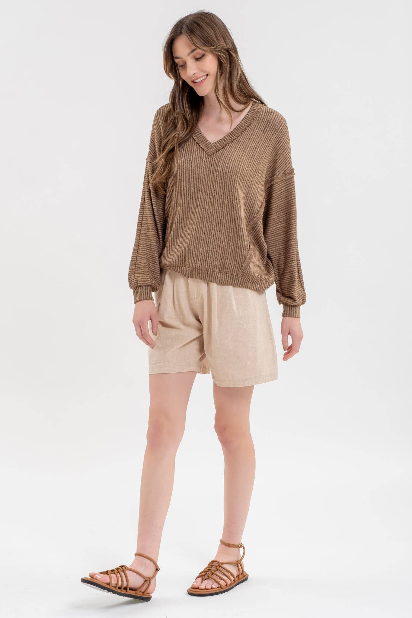 Stripes Drop Shoulder V Neck Knit Top