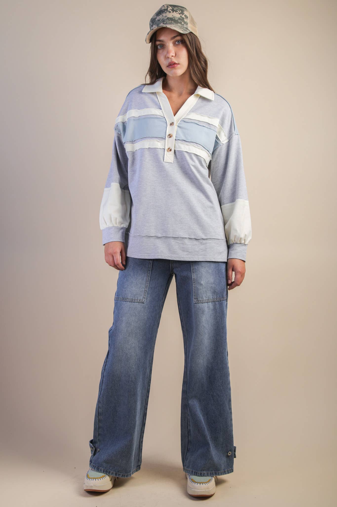 Color Block Oversized Collared Casual Knit Top