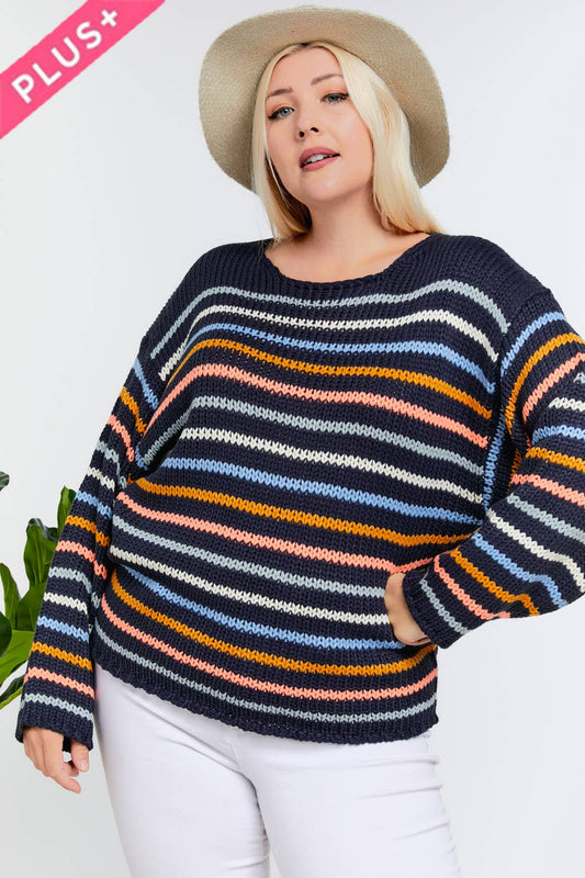 Plus Stripe Round Neck Long Sleeve Knit Sweater