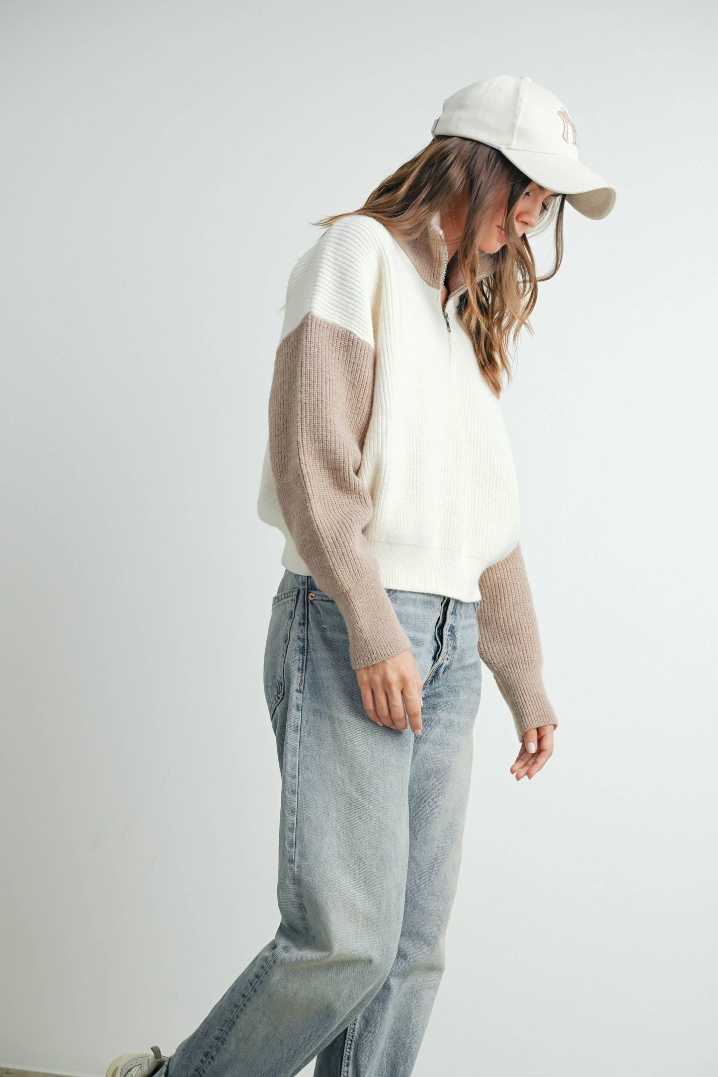 Color Block Collar Half Zipper Pullover Sweater