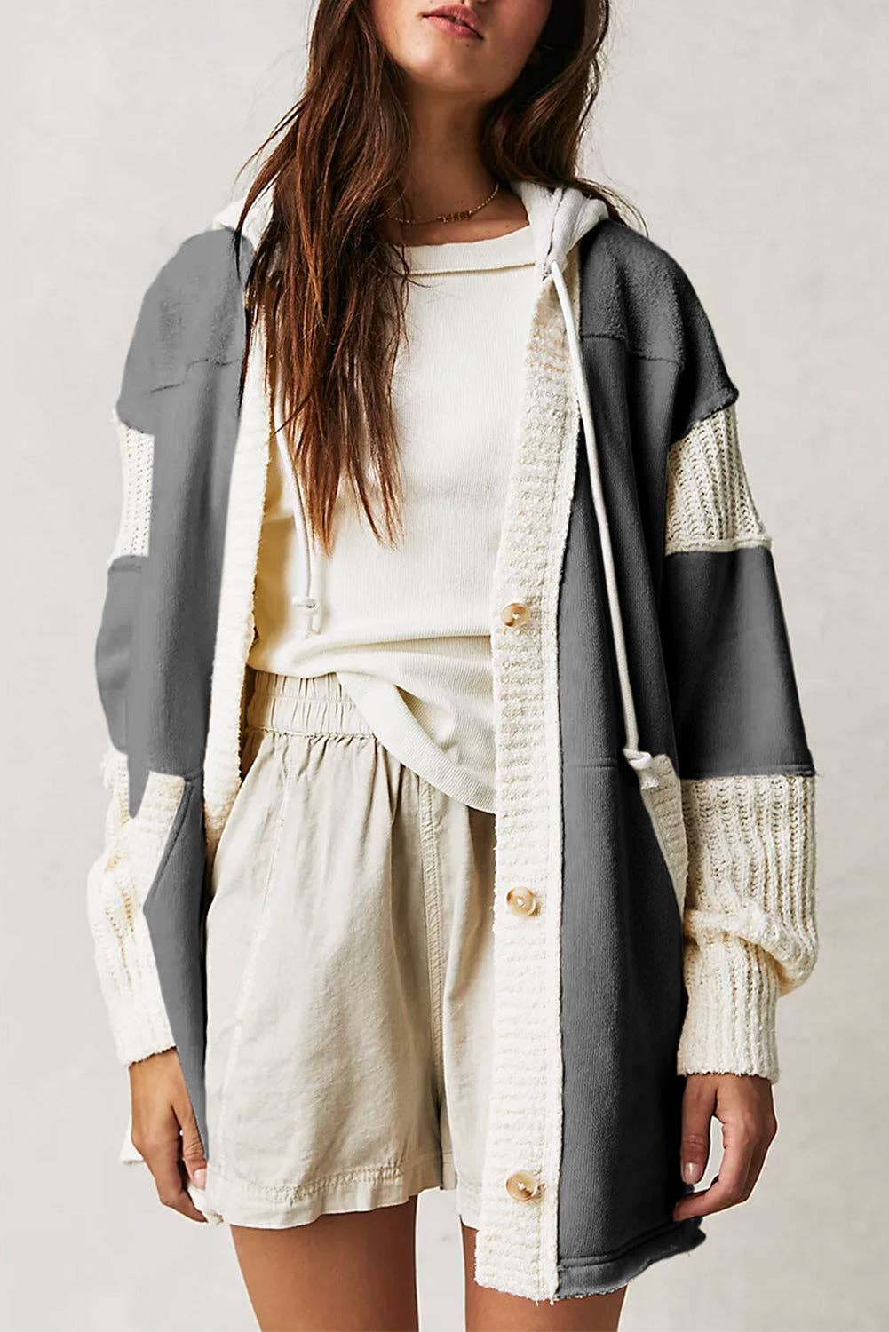 Contrast Knit Patchwork Hooded Cardigan