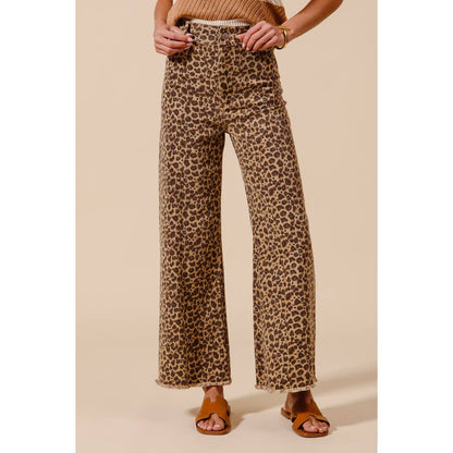 Mid Rise Leopard Twill Denim Wide Leg Pants