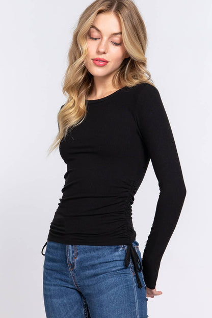 Long Sleeve Crew Neck Side Ruched Detail Rayon Rib Knit Top