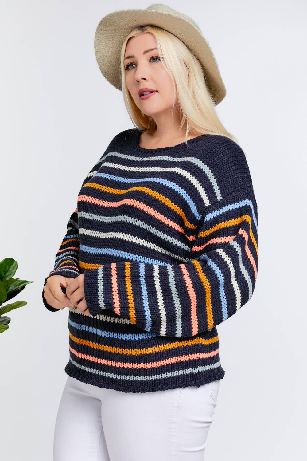 PLUS STRIPE ROUND NECK LONG SLEEVE KNIT SWEATER