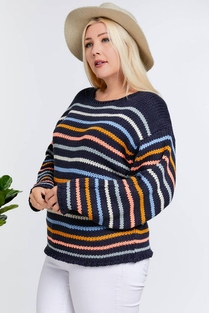 Plus Stripe Round Neck Long Sleeve Knit Sweater