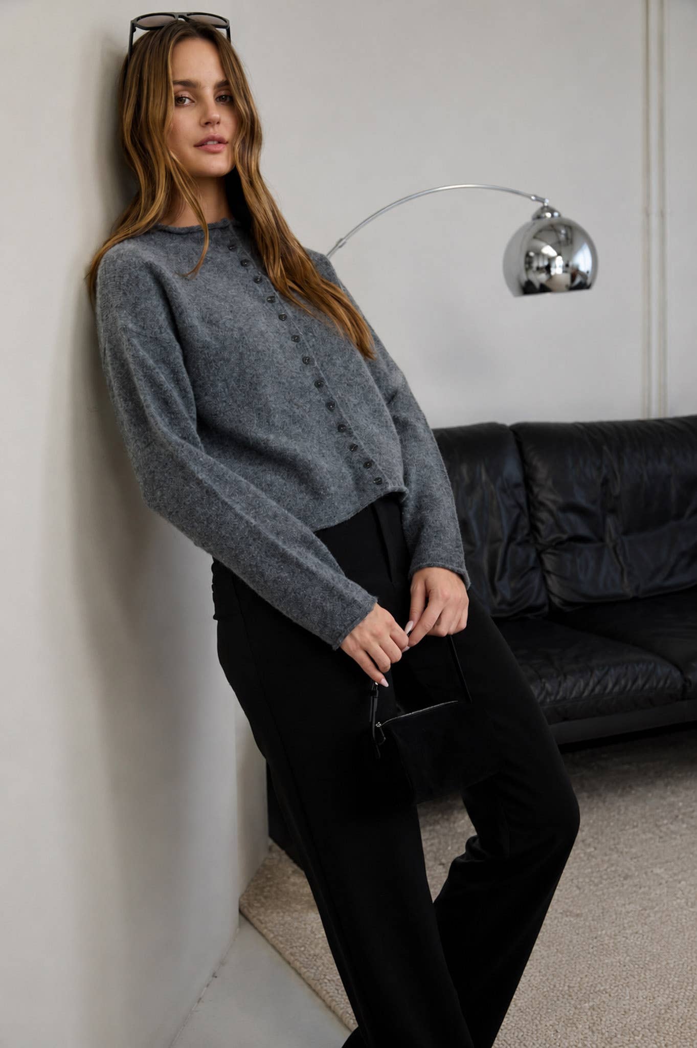 Raw Edge Mock Neck Button Down Cardigan