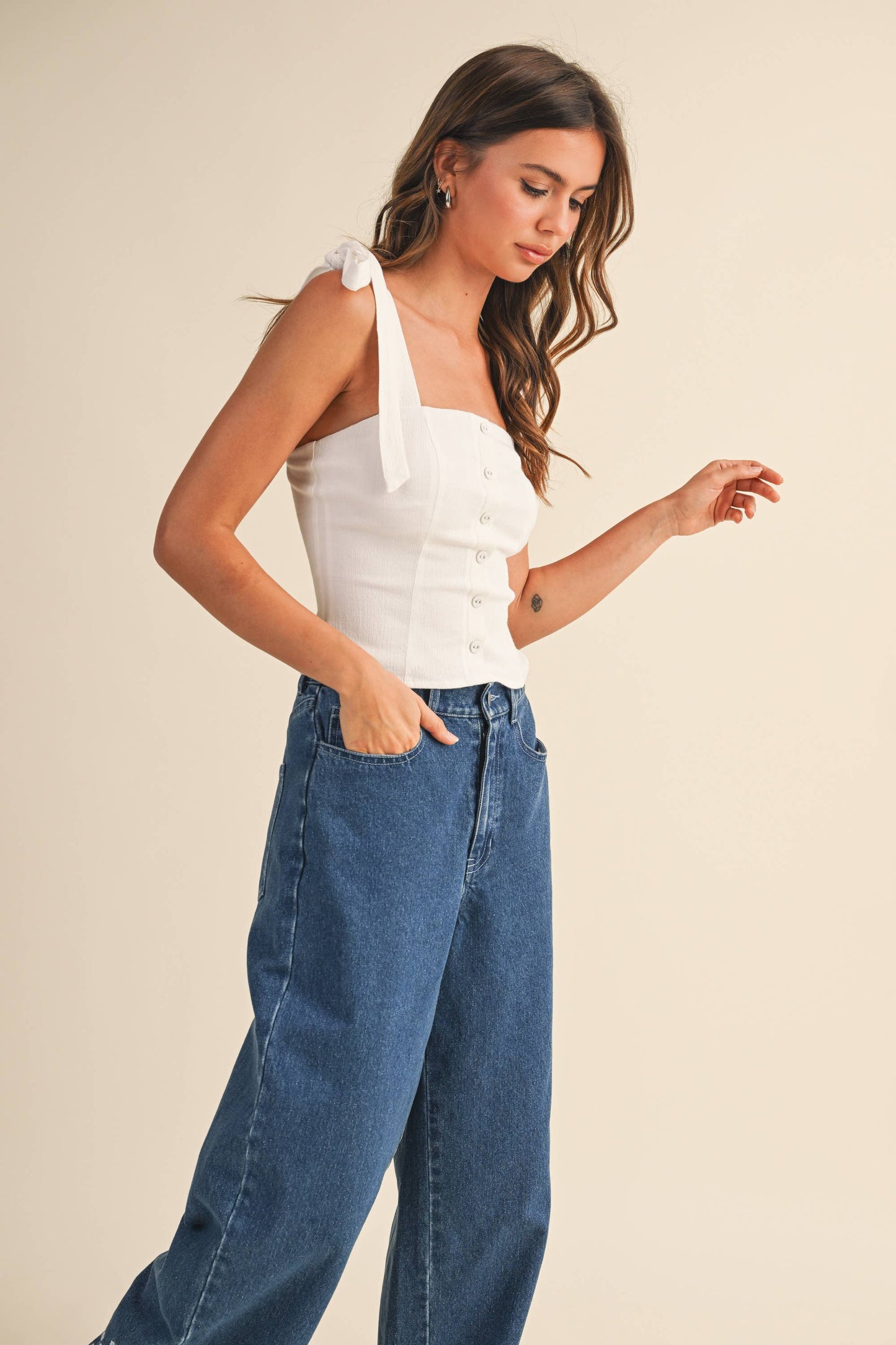 Stretchy Linen Button Down Tie Strap Top