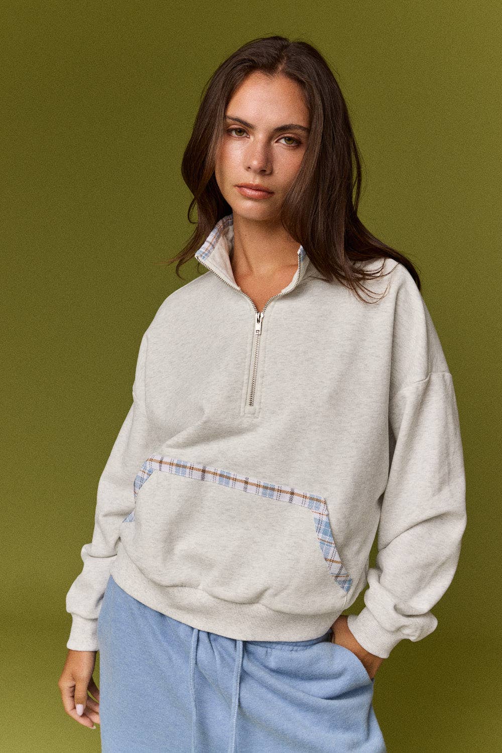 Caroline Plaid Trim Quarter Zip Pullover