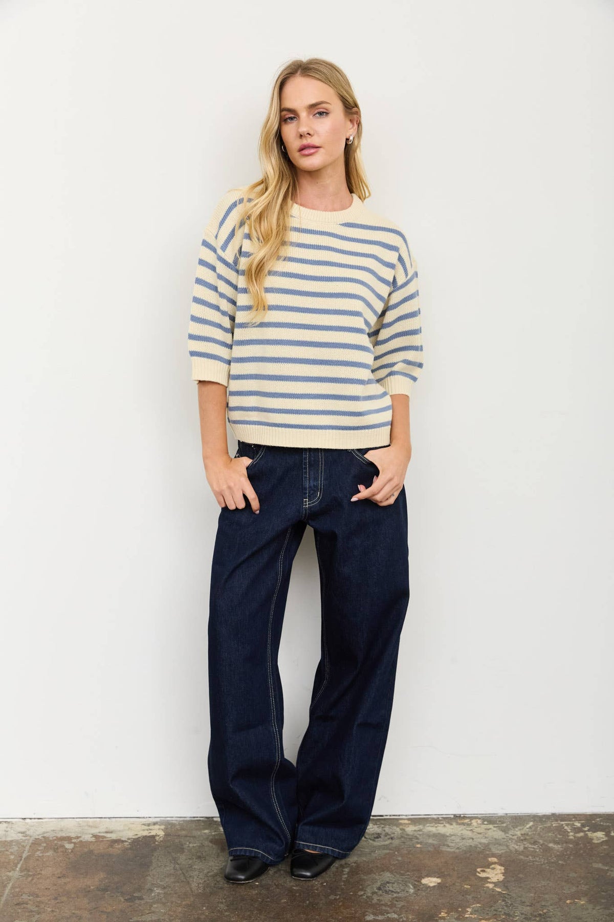 Stripe Crewneck Short Sleeve Sweater
