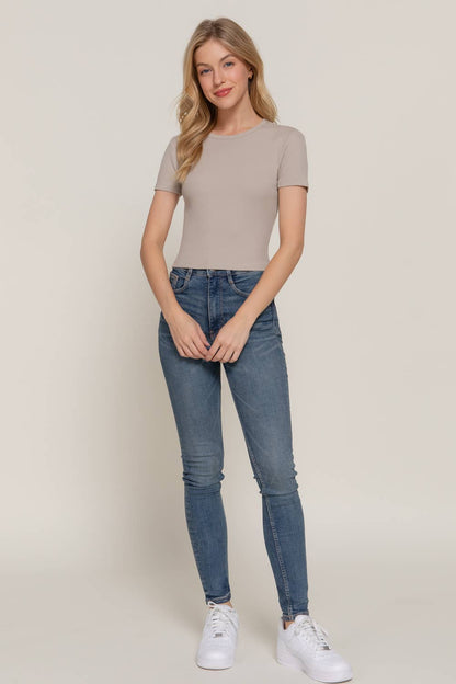Short Sleeve Crew Neck Cotton Spandex Rib Knit Top