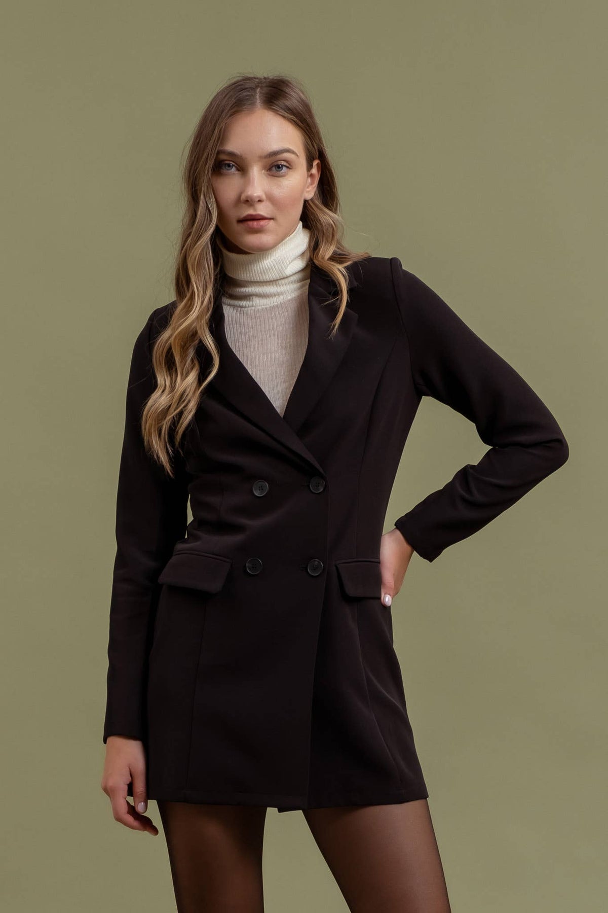 Collared Button Front Long Sleeve Tunic Blazer