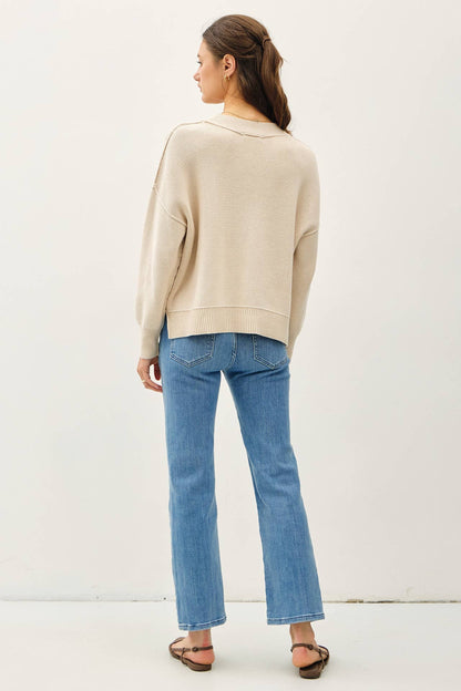 Ribbed Knit Sweater With Raw Seam Details