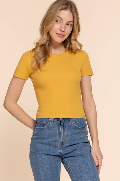 Short Sleeve Crew Neck Cotton Spandex Rib Knit Top