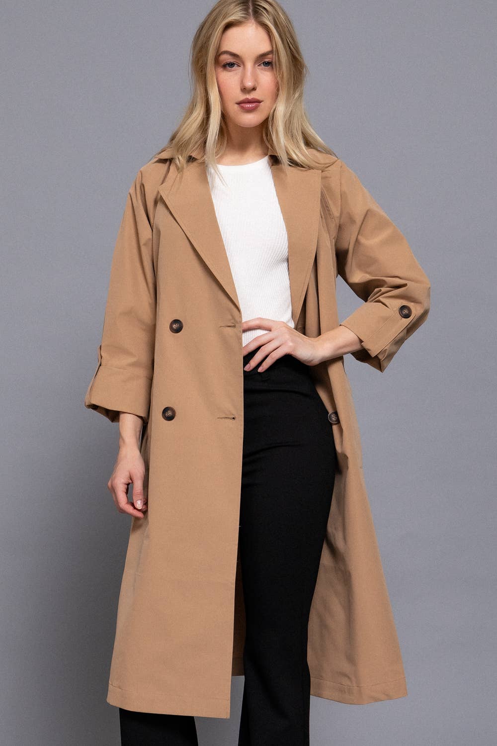 Long Sleeve V-Neck Lapel Collar Trench Coat with Belt