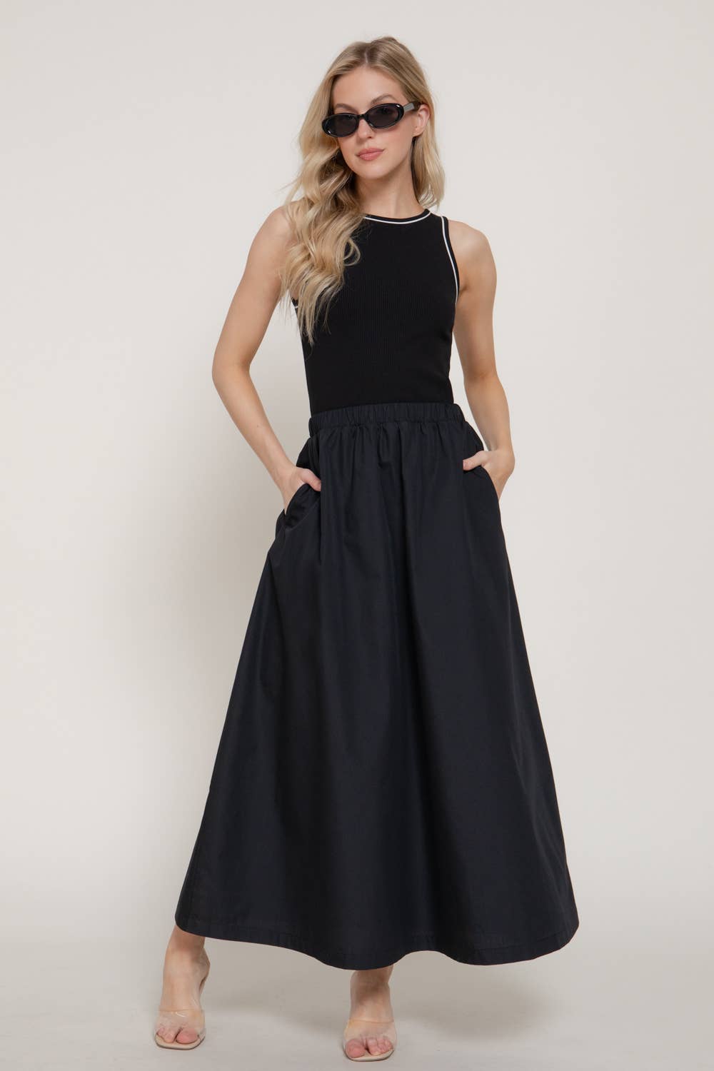 Sleeveless Piping Knit Top Contrast Woven Long Dress