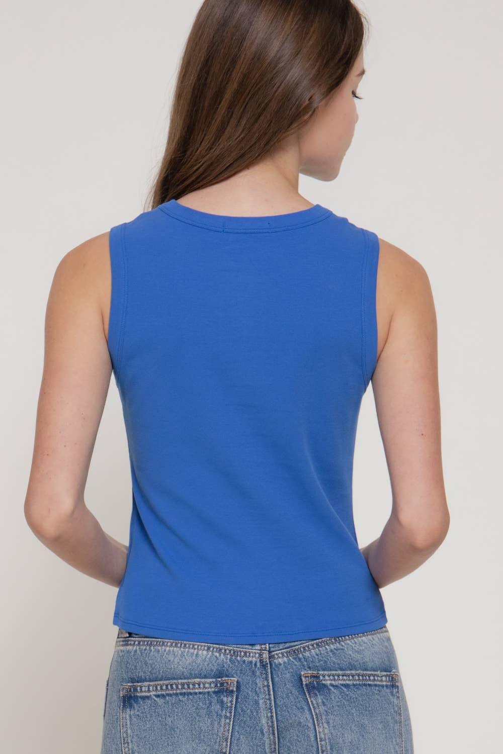 Sleeveless Crew Neck Button Down 1x1 Rib Top