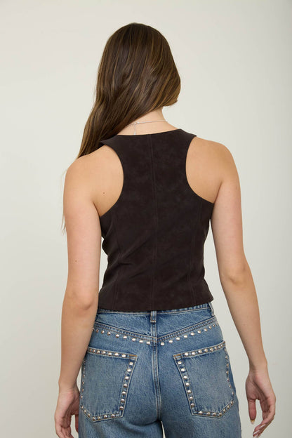 V Neck Button Down Suede Vest