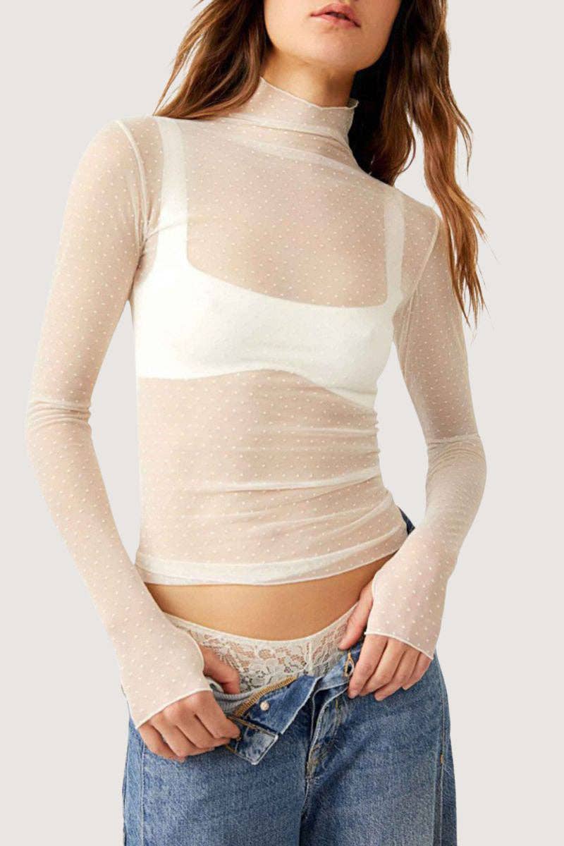 Sheer Turtleneck Long Sleeve Blouse