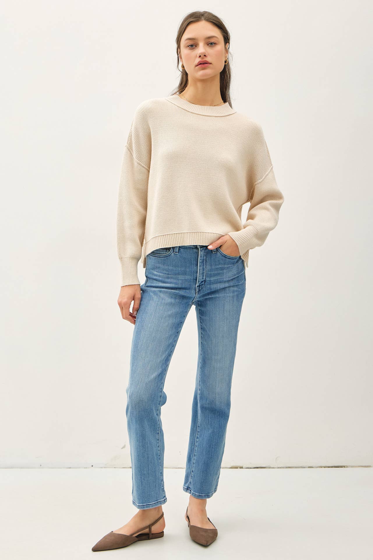 Ribbed Knit Sweater With Raw Seam Details