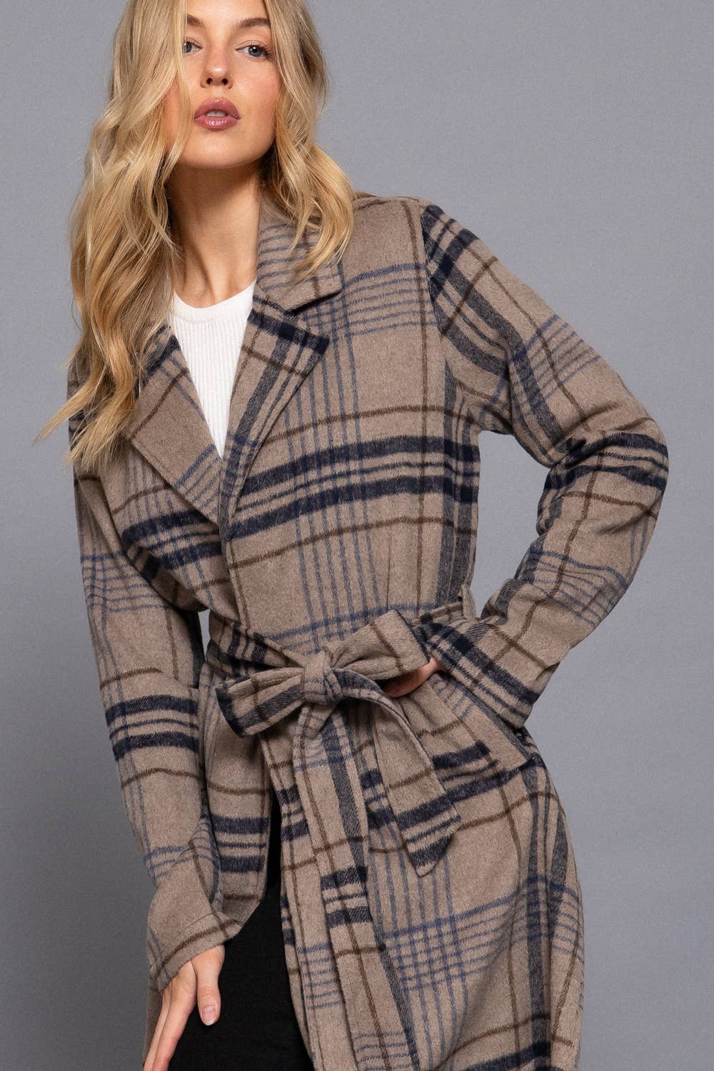 Long Sleeve Notched Collar with Waist Belt Plaid Jacket
