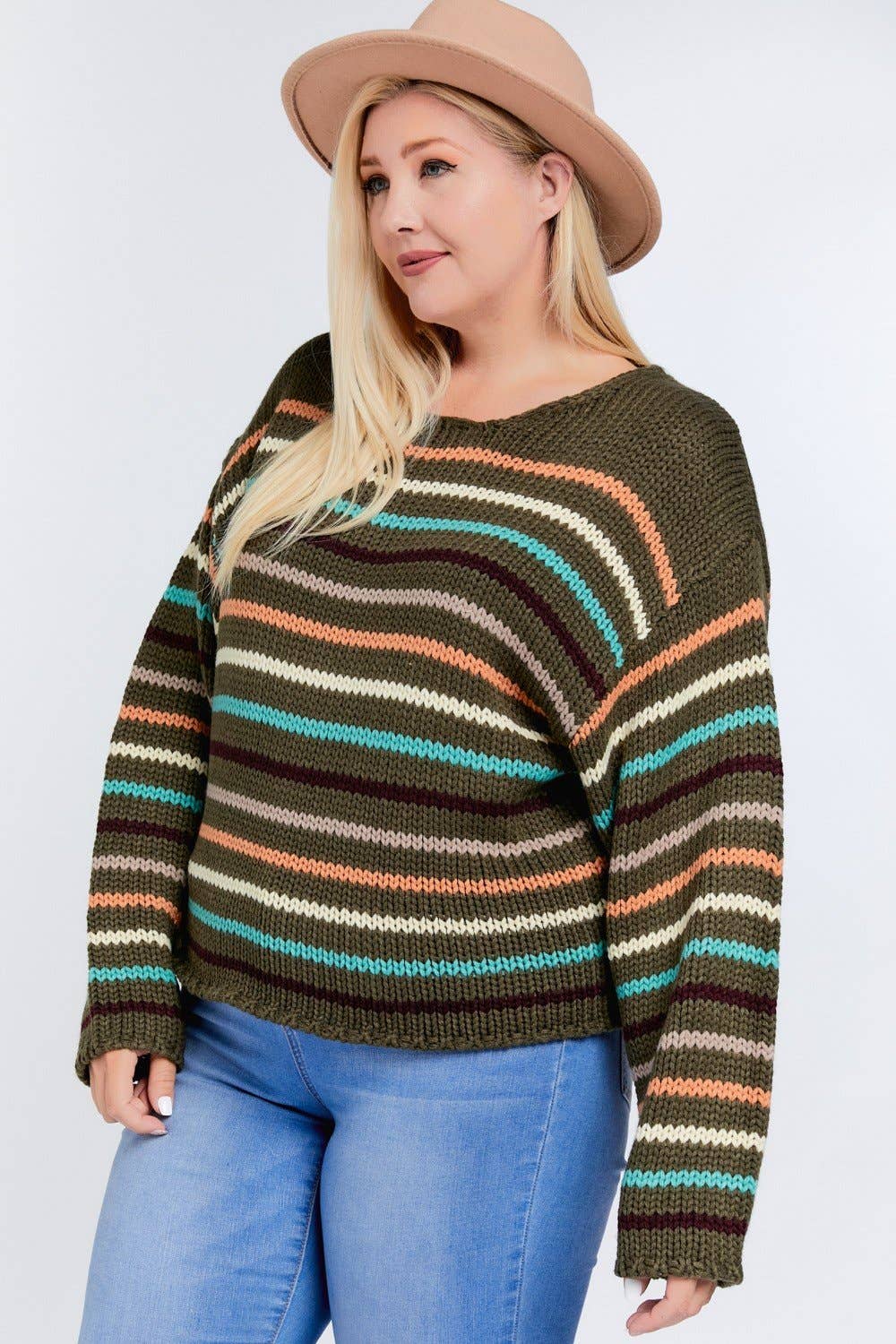PLUS STRIPE ROUND NECK LONG SLEEVE KNIT SWEATER