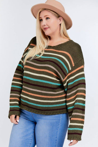Plus Stripe Round Neck Long Sleeve Knit Sweater