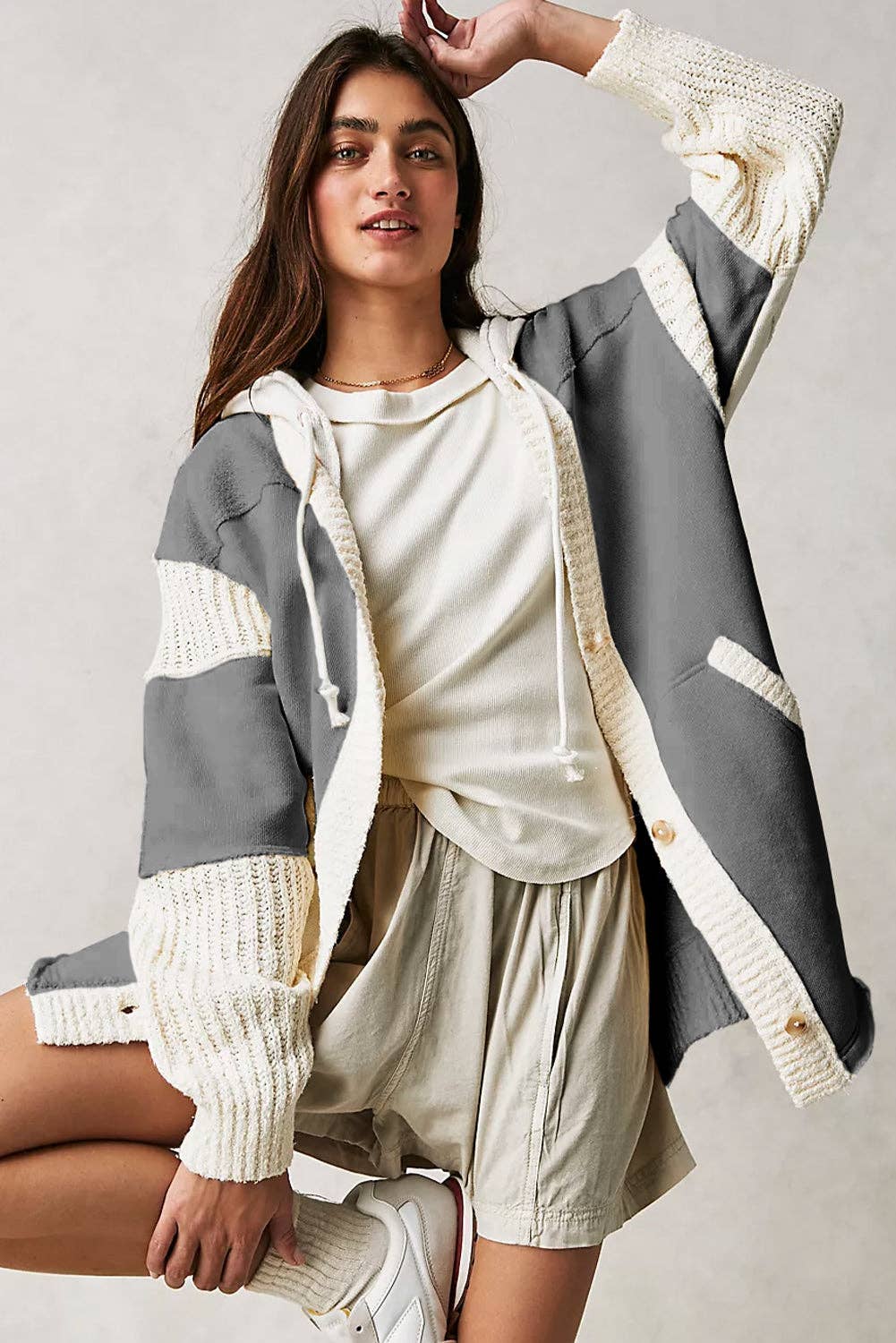 Contrast Knit Patchwork Hooded Cardigan