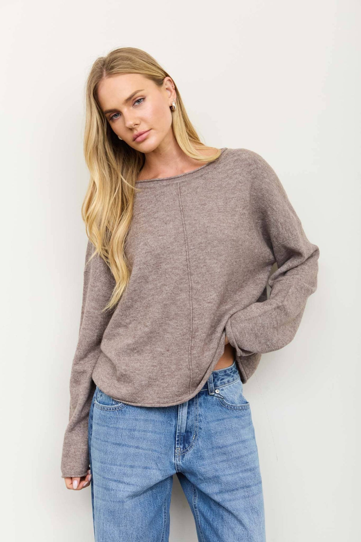 Center Seam Rolled Neck Knit Sweater