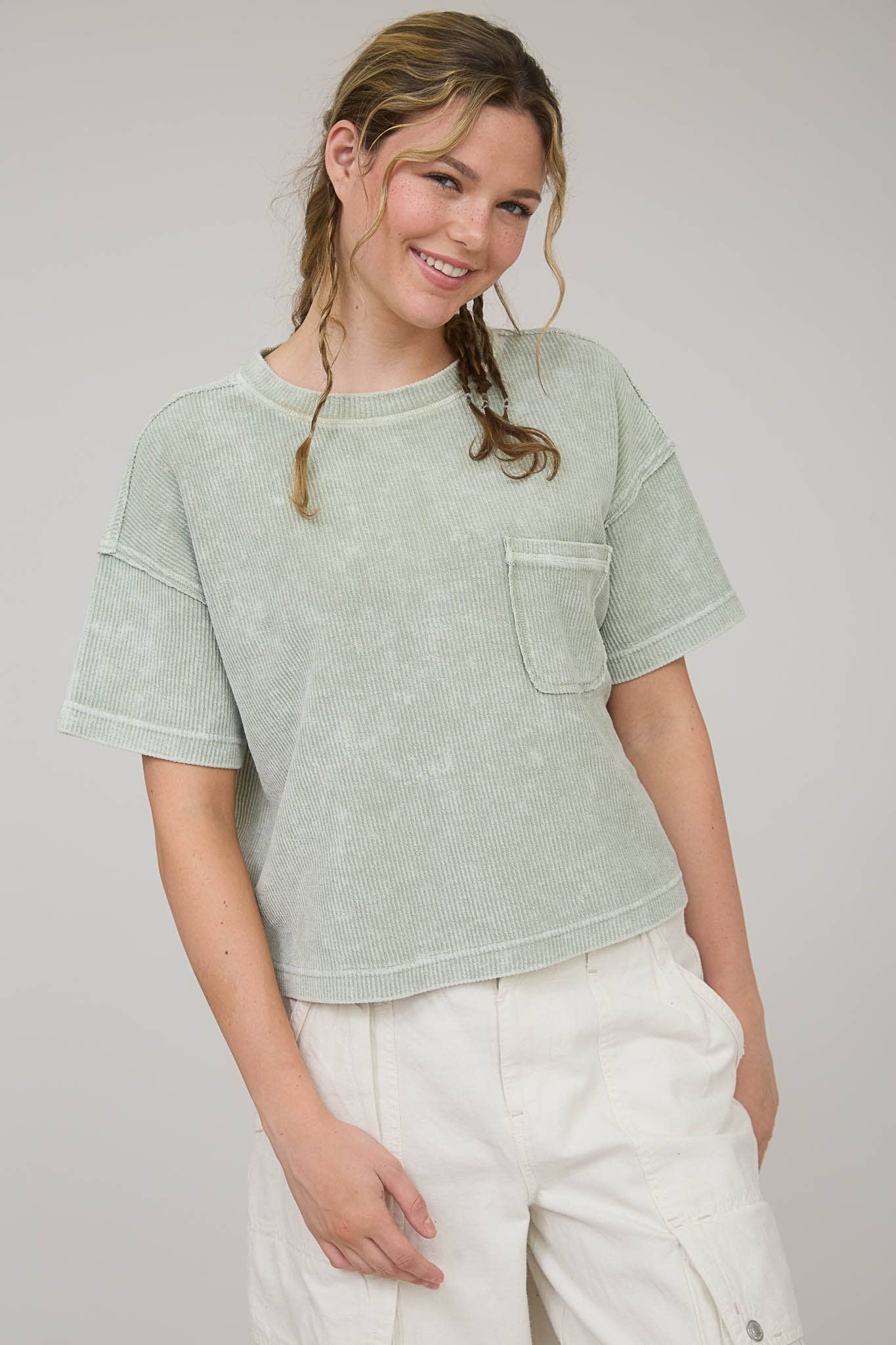 Washed Ribbed Short Sleeve Tee With Pocket