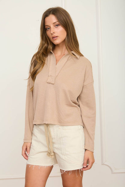 Exposed Seam Long Sleeve Textured Knit Polo