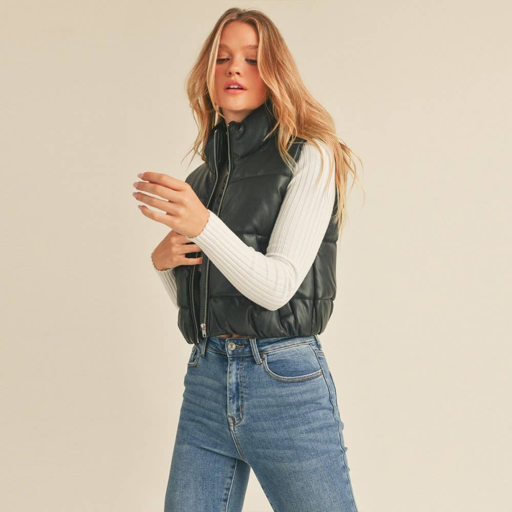 FAUX LEATHER HIGH NECK ZIP-UP PUFFER VEST