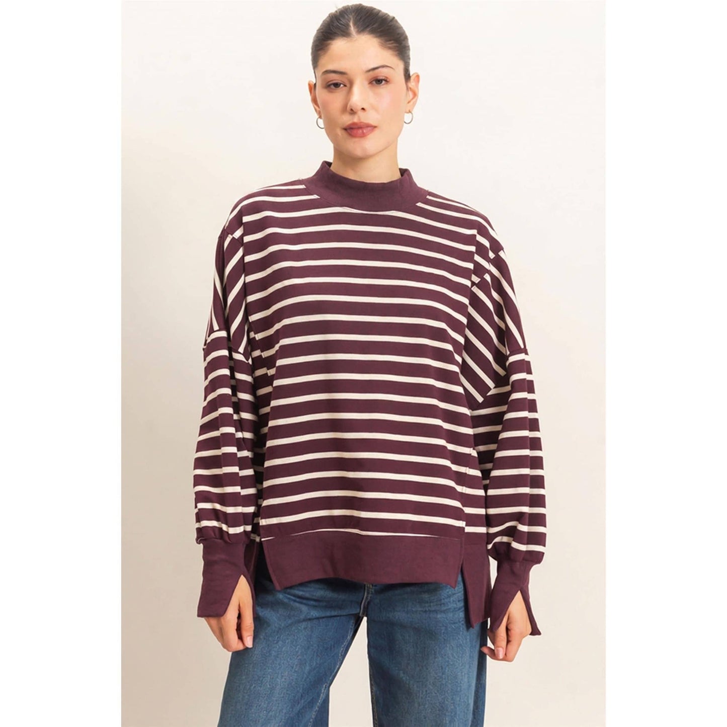 Striped Mock Neck Sweatshirt