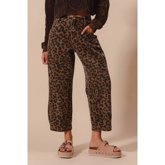 Leopard Print Twill Mid Rise Wide Pants