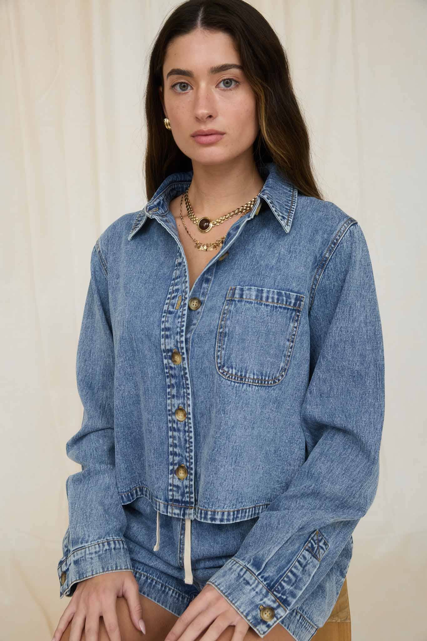 Acid Wash Collared Long Sleeve Boxy Denim Shirt