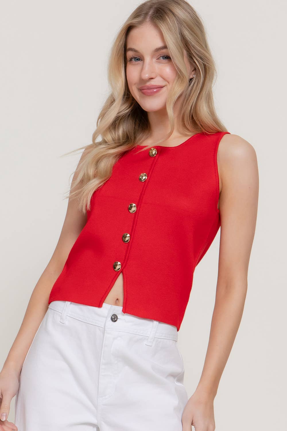 Sleeveless Crew Neck Button Down Sweater Top