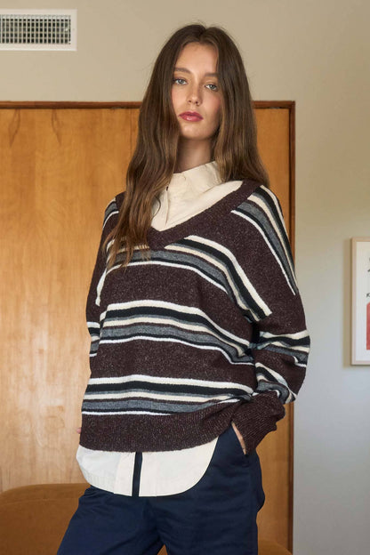 MULTICOLOR STRIPE V NECK LONG SLEEVE KNIT SWEATER
