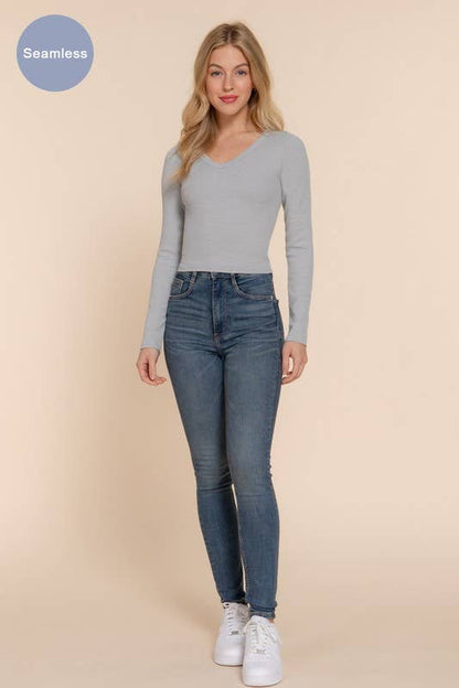Long Sleeve V-neck Rib Seamless Top