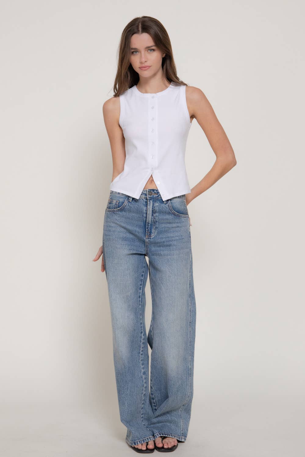 Sleeveless Crew Neck Button Down 1x1 Rib Top