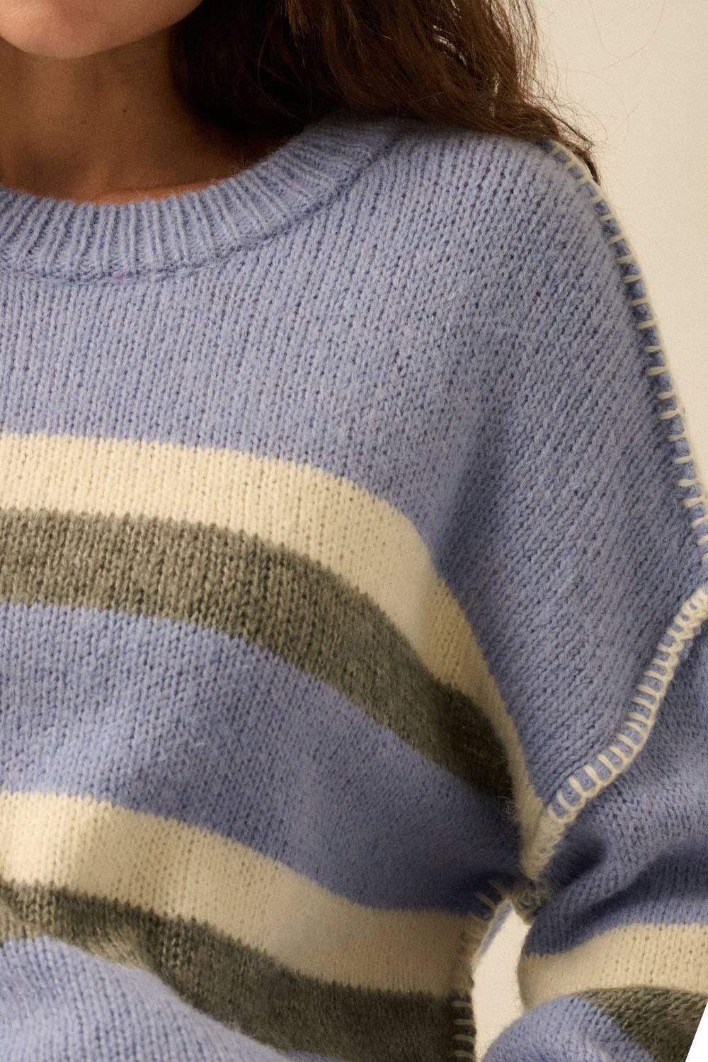 Striped Colorblock Expose-Seam Long Sleeve Sweater