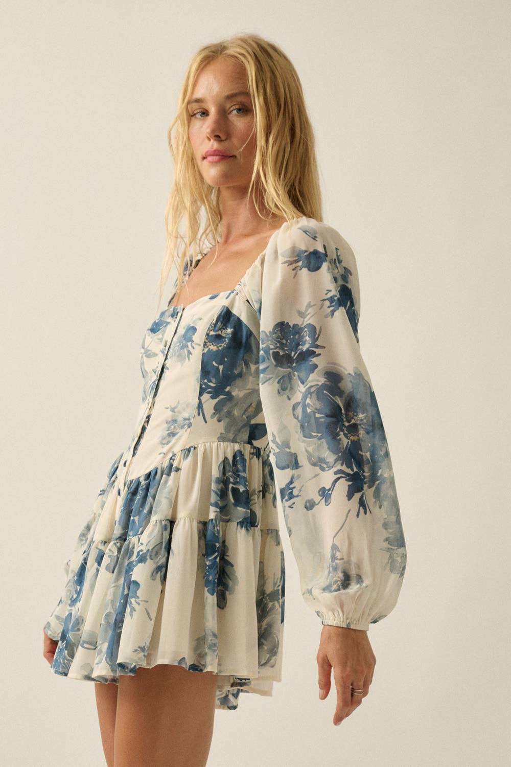 Floral Chiffon Bubble-Sleeve Tiered Ruffle Romper